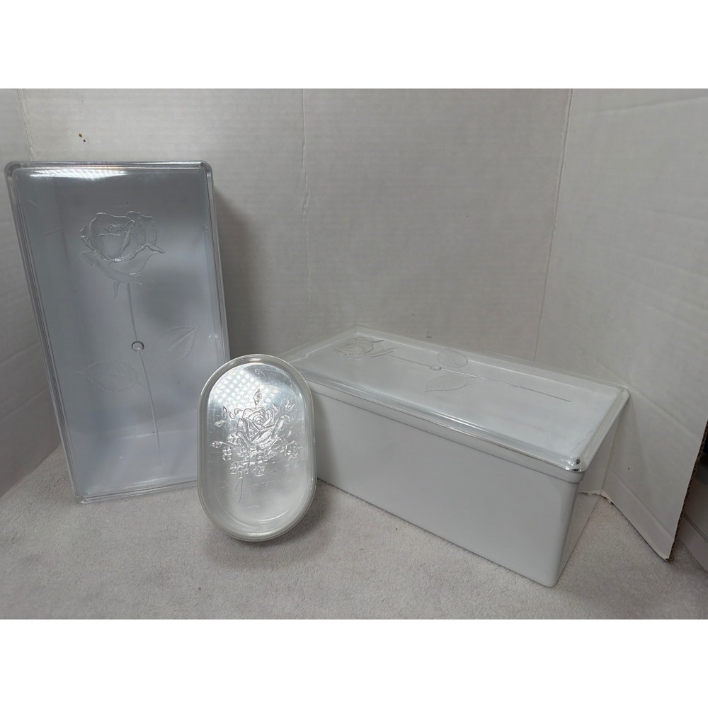 Vintage 60s Wil-hold Storage Box Set White Clear Embossed Rose 3 Piece